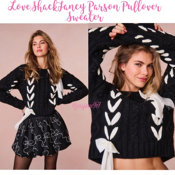 LoveShackFancy Parson Black Alpaca-Blend Ribbon Pullover Sweater - Picture 1 of 5